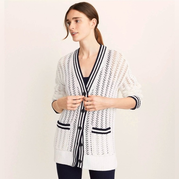 Lou & Grey Sweaters - Lou & Grey Tipped Crochet  V-Neck Pocket Cardigan L Nautical Preppy Cotton